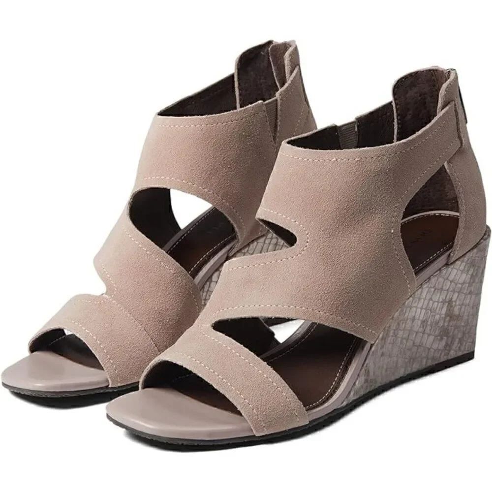 Donald Pliner Panya Suede Mushroom Grey Taupe Metallic Snakeskin Wedge Sandals